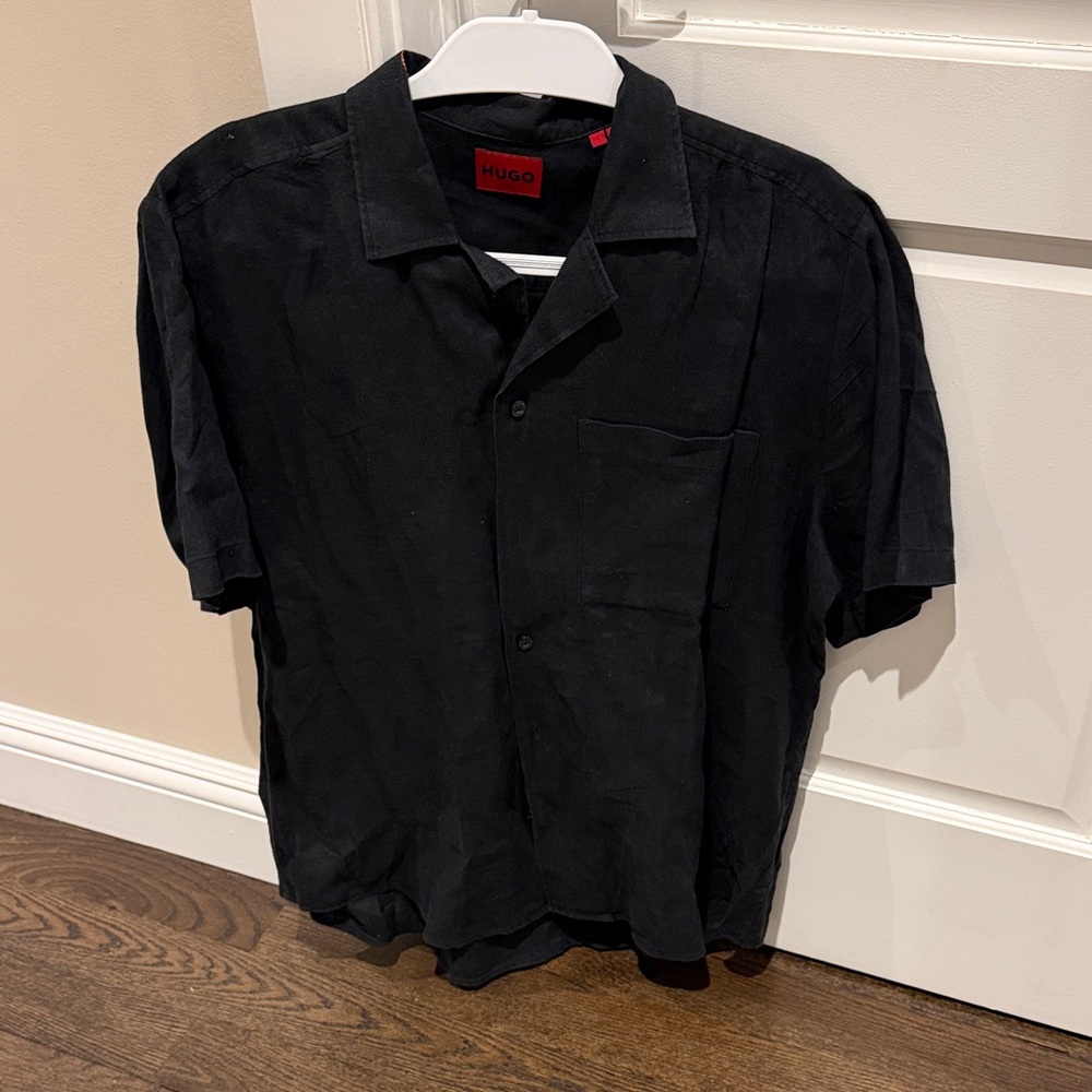 HUGO Men's Black Casual Button Down Short Sleeve Shirt